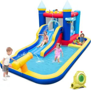 HONEY JOY Inflatable Water Slide, Giant Water Bounce House & Water Park for Kids Backyard, Ball Pit & Splash Pool, Outdoor Blow up Castle Water Slides Inflatables for Boys Girls(with 735w Blower)