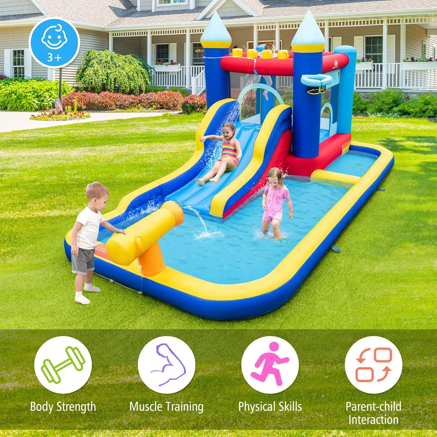 HONEY JOY Inflatable Water Slide, Giant Water Bounce House & Water Park for Kids Backyard, Ball Pit & Splash Pool, Outdoor Blow up Castle Water Slides Inflatables for Boys Girls(with 735w Blower)