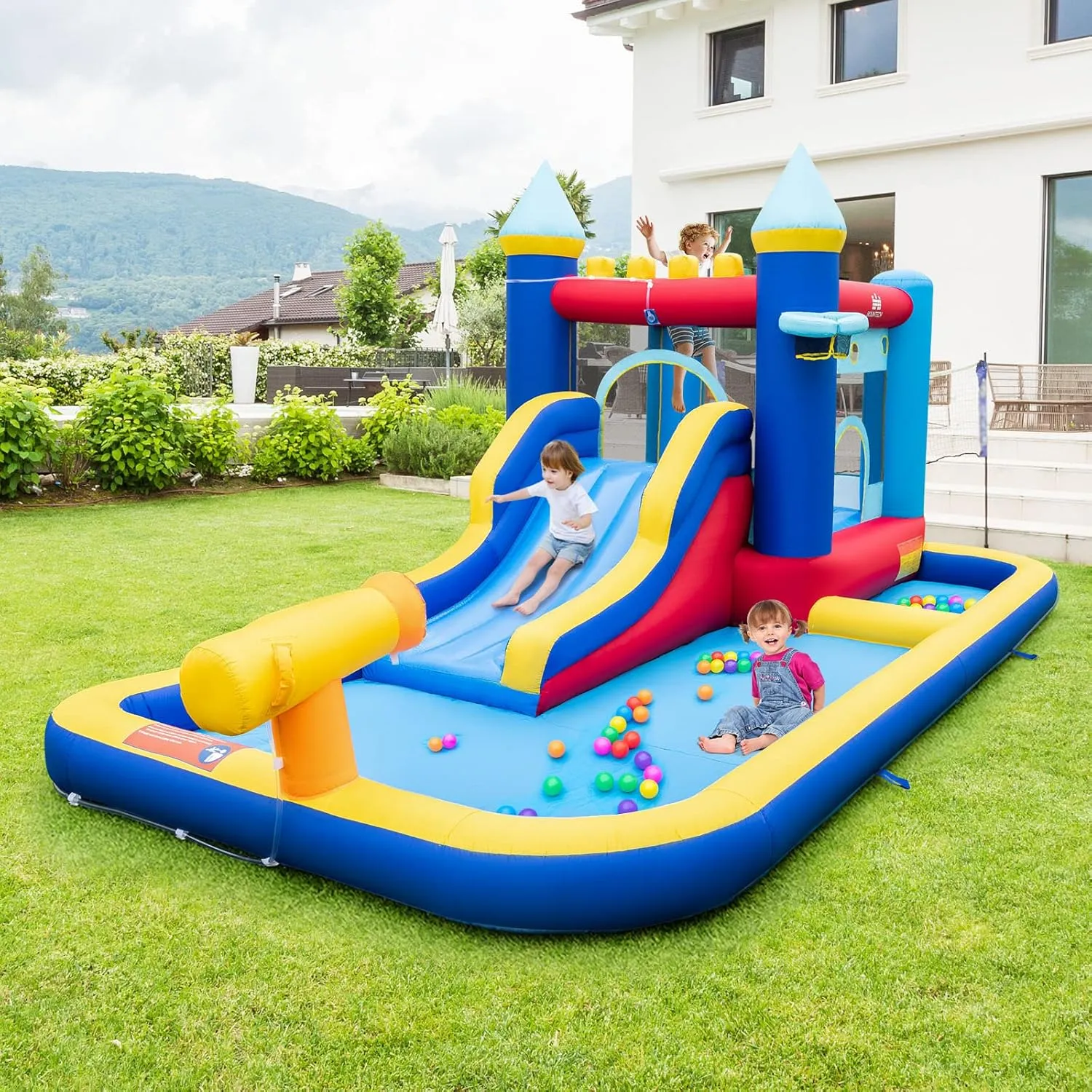 HONEY JOY Inflatable Water Slide, Giant Water Bounce House & Water Park for Kids Backyard, Ball Pit & Splash Pool, Outdoor Blow up Castle Water Slides Inflatables for Boys Girls(with 735w Blower)