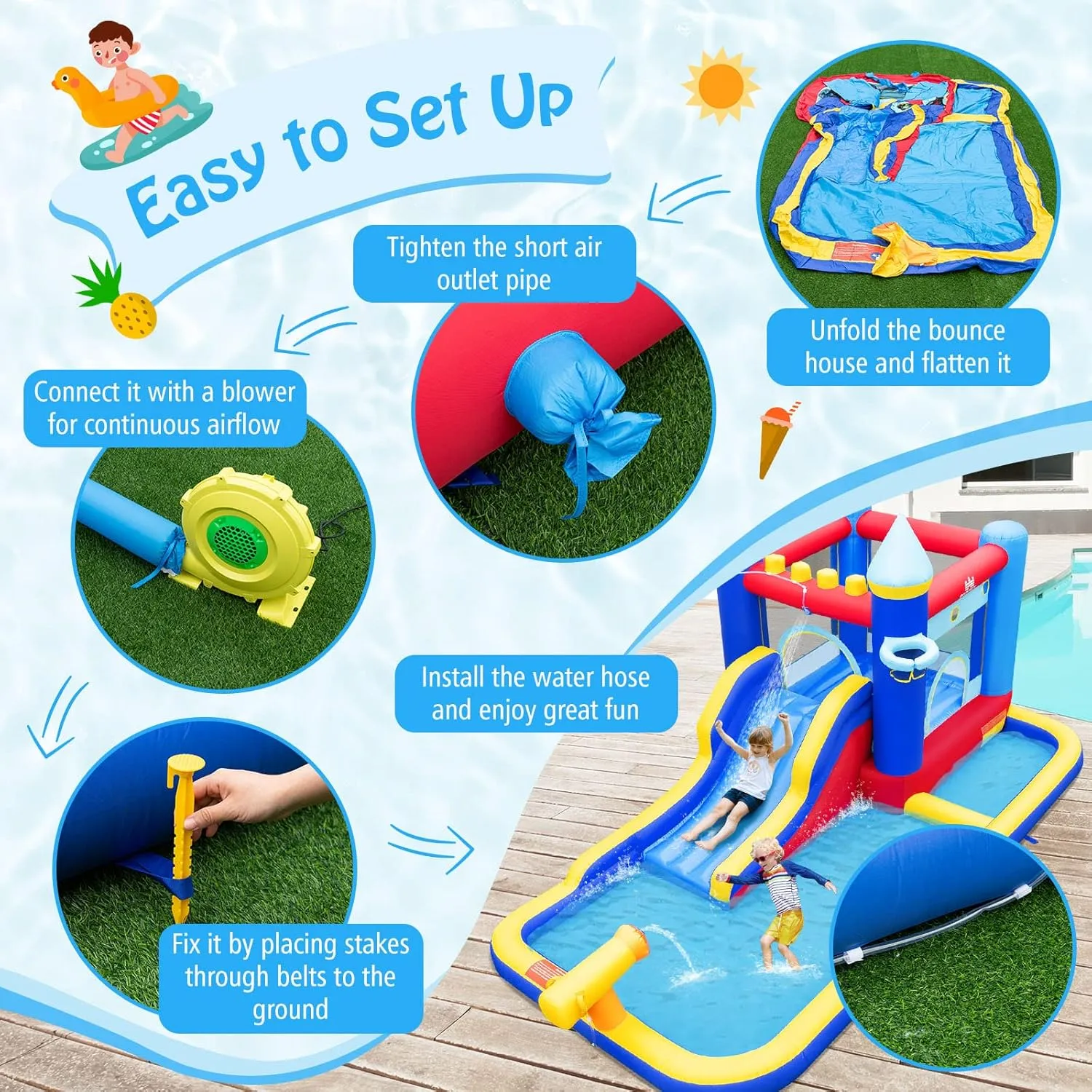 HONEY JOY Inflatable Water Slide, Giant Water Bounce House & Water Park for Kids Backyard, Ball Pit & Splash Pool, Outdoor Blow up Castle Water Slides Inflatables for Boys Girls(with 735w Blower)