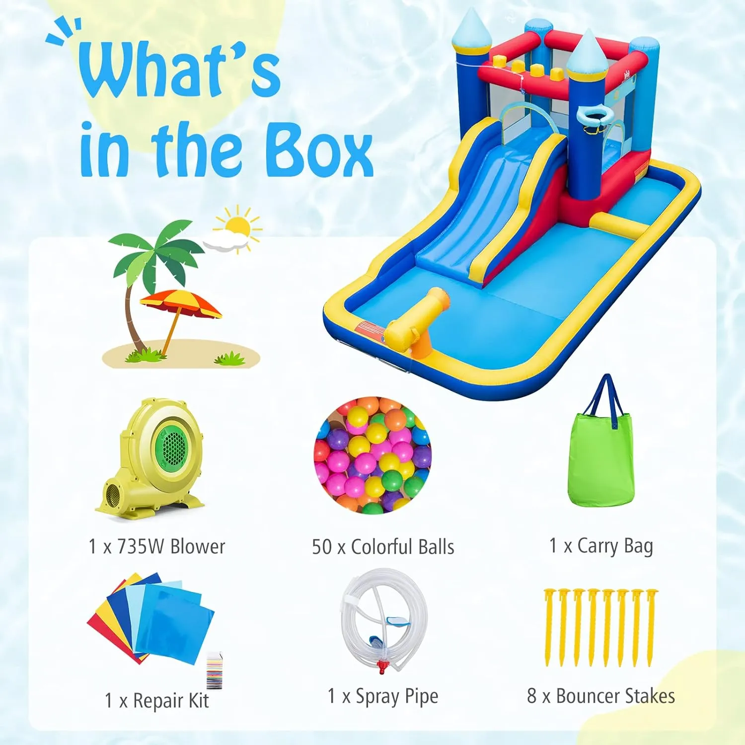 HONEY JOY Inflatable Water Slide, Giant Water Bounce House & Water Park for Kids Backyard, Ball Pit & Splash Pool, Outdoor Blow up Castle Water Slides Inflatables for Boys Girls(with 735w Blower)