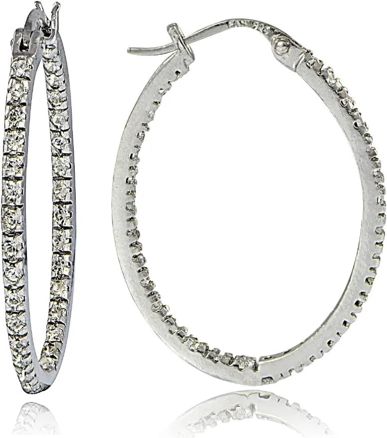 Hoops & Loops 925 Sterling Silver Cubic Zirconia Inside Out Oval Hoop Earrings for Women, 20mm 25mm 30mm