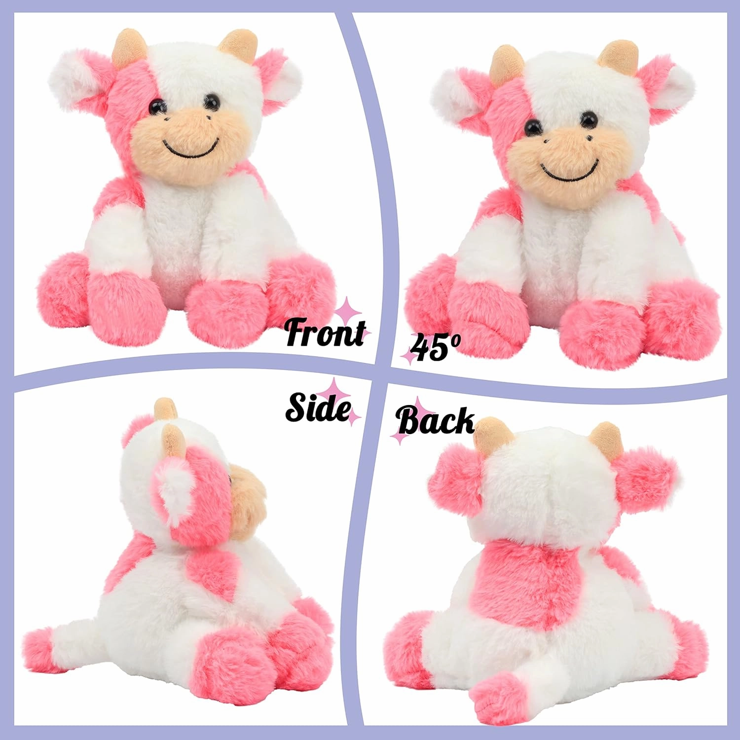 Hopearl Adorable Plush Cow Toy Floppy Dairy Cattle Soft Stuffed Animal Cute Birthday Gifts for Boys Girls Kids Toddlers, Strawberry Pink, 9''