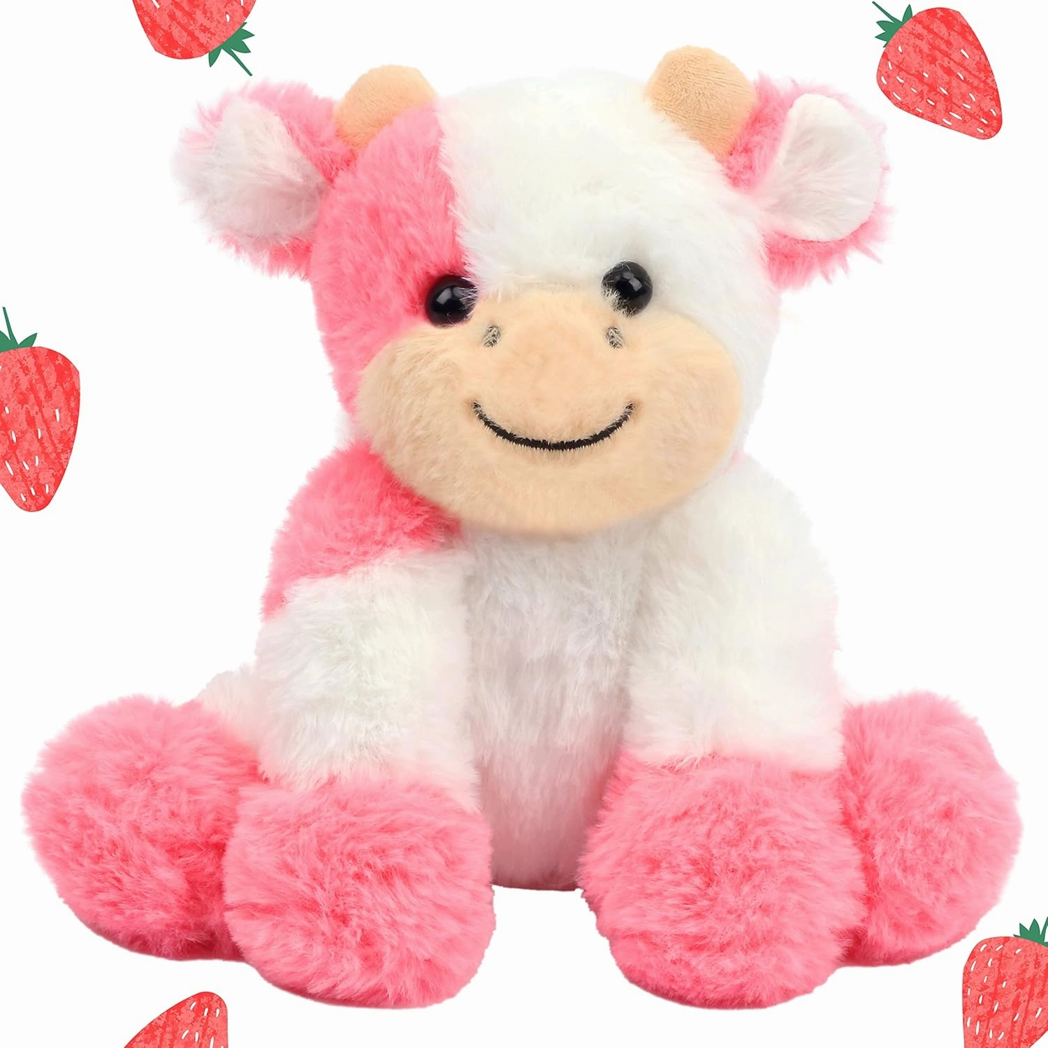 Hopearl Adorable Plush Cow Toy Floppy Dairy Cattle Soft Stuffed Animal Cute Birthday Gifts for Boys Girls Kids Toddlers, Strawberry Pink, 9''