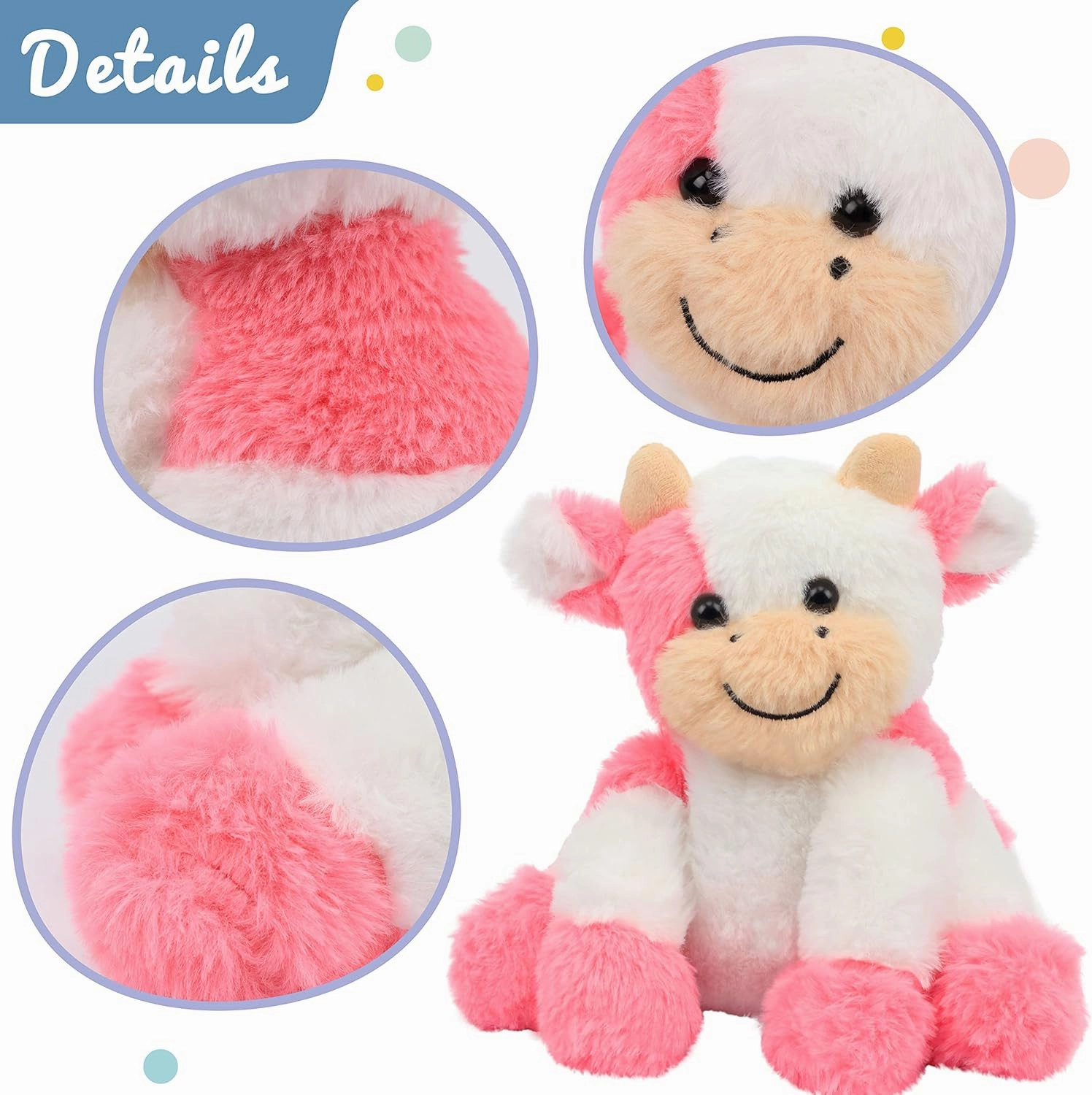 Hopearl Adorable Plush Cow Toy Floppy Dairy Cattle Soft Stuffed Animal Cute Birthday Gifts for Boys Girls Kids Toddlers, Strawberry Pink, 9''