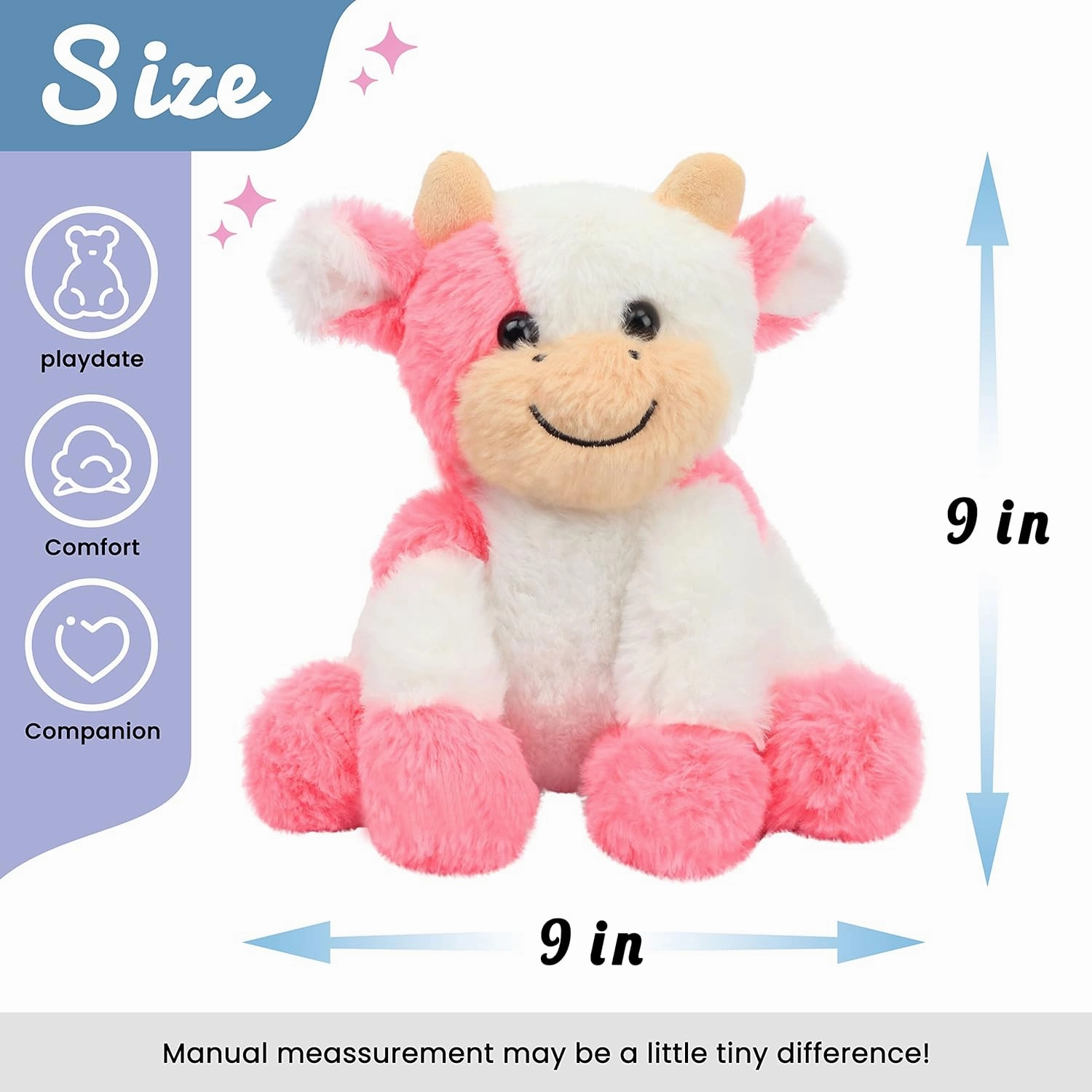 Hopearl Adorable Plush Cow Toy Floppy Dairy Cattle Soft Stuffed Animal Cute Birthday Gifts for Boys Girls Kids Toddlers, Strawberry Pink, 9''