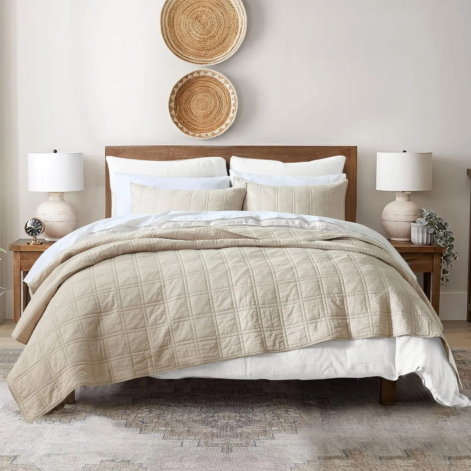 HORIMOTE HOME 100% Cotton Quilt Queen Size Beige Bedspread, Pre-Washed 3-Piece Cozy Lightweight Stitching Decorative Bedding Cover Coverlet Set with 2 Shams in Geometric Pattern for All Season