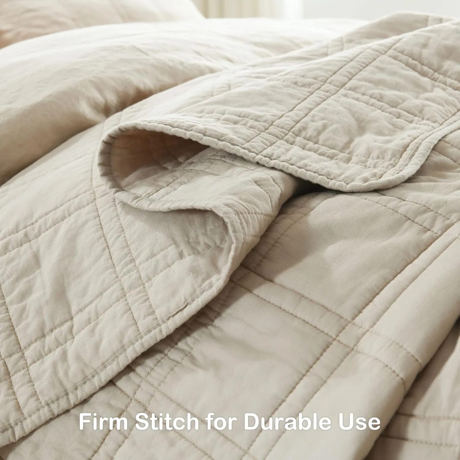 HORIMOTE HOME 100% Cotton Quilt Queen Size Beige Bedspread, Pre-Washed 3-Piece Cozy Lightweight Stitching Decorative Bedding Cover Coverlet Set with 2 Shams in Geometric Pattern for All Season