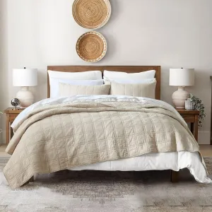 HORIMOTE HOME 100% Cotton Quilt Queen Size Beige Bedspread, Pre-Washed 3-Piece Cozy Lightweight Stitching Decorative Bedding Cover Coverlet Set with 2 Shams in Geometric Pattern for All Season