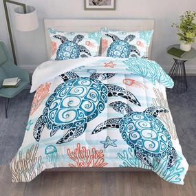 HOSIMA Sea Turtle Comforter Set,Coastal Beach Themed Bedroom Comforter Set Queen Size for Kids Teen Girls Boys Room Decor,Turtle Twin Bed in a Bag for Girls with 2 Pillowcases.