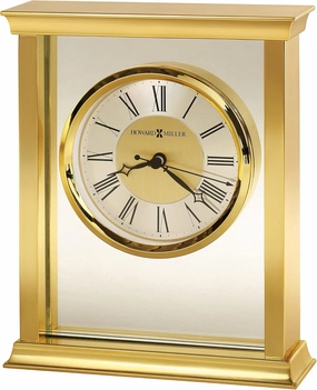 Howard Miller Monticello Brass Tabletop Clock – Modern Desk Clock with Glass Panel, Quiet Quartz Movement, Roman Numerals, Polished Brass Bezel, Brushed Silver Dial Ring, Stylish Home Décor