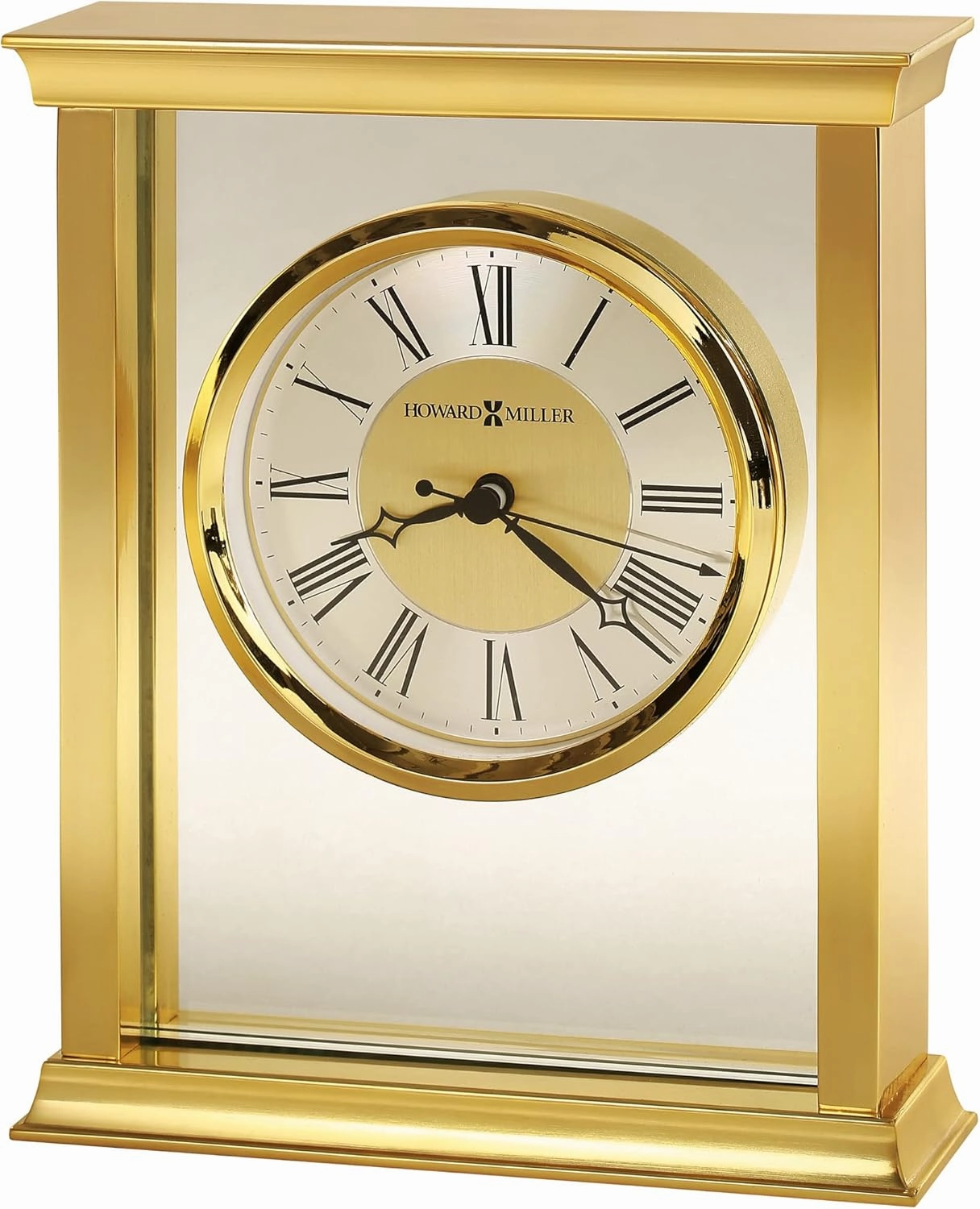 Howard Miller Monticello Brass Tabletop Clock – Modern Desk Clock with Glass Panel, Quiet Quartz Movement, Roman Numerals, Polished Brass Bezel, Brushed Silver Dial Ring, Stylish Home Décor