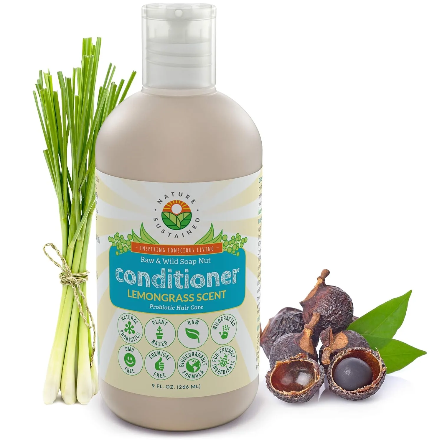Hydrating Natural Conditioner - Lemongrass Moisturizing Organic Sulfate Free Conditioner - Raw Wildcrafted Probiotic Hypoallergenic Cleansing Conditioning Wash for All Hair - 9 Oz