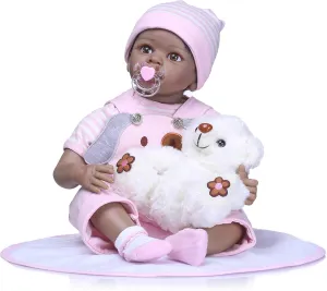 iCradle Real Life 22 inch 55cm Reborn Baby Girl Dolls Nurturing Soft Silicone Realistic Looking Newborn Dolls Black Skin Indian African Style Baby Doll Toy for Ages 3 