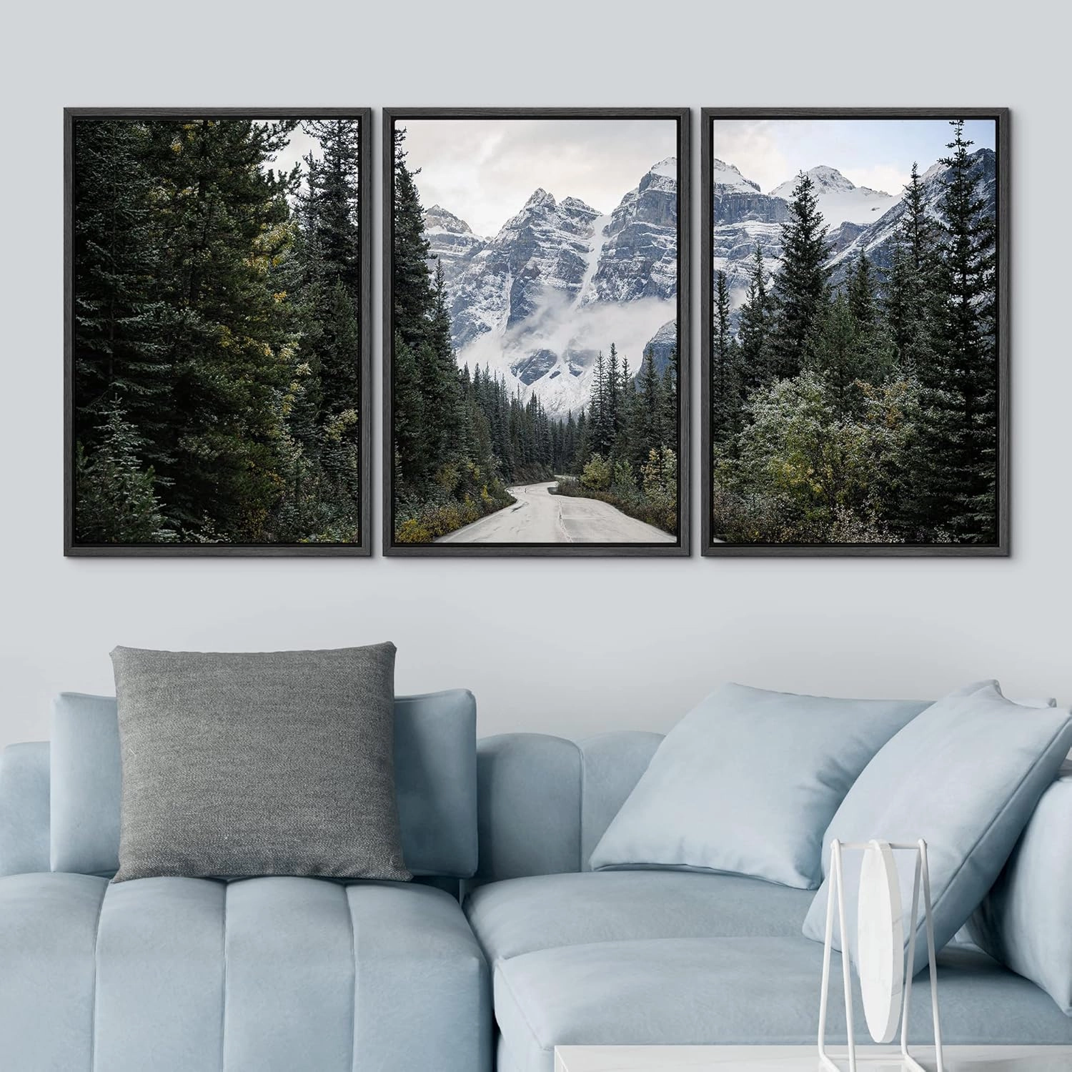 IDEA4WALL Framed Canvas Print Wall Art Set Forest Road to Winter Pine Tree Mountain Nature Wilderness Photography Realism Decorative Landscape for Living Room, Bedroom, Office - 24"x36"x3 Black