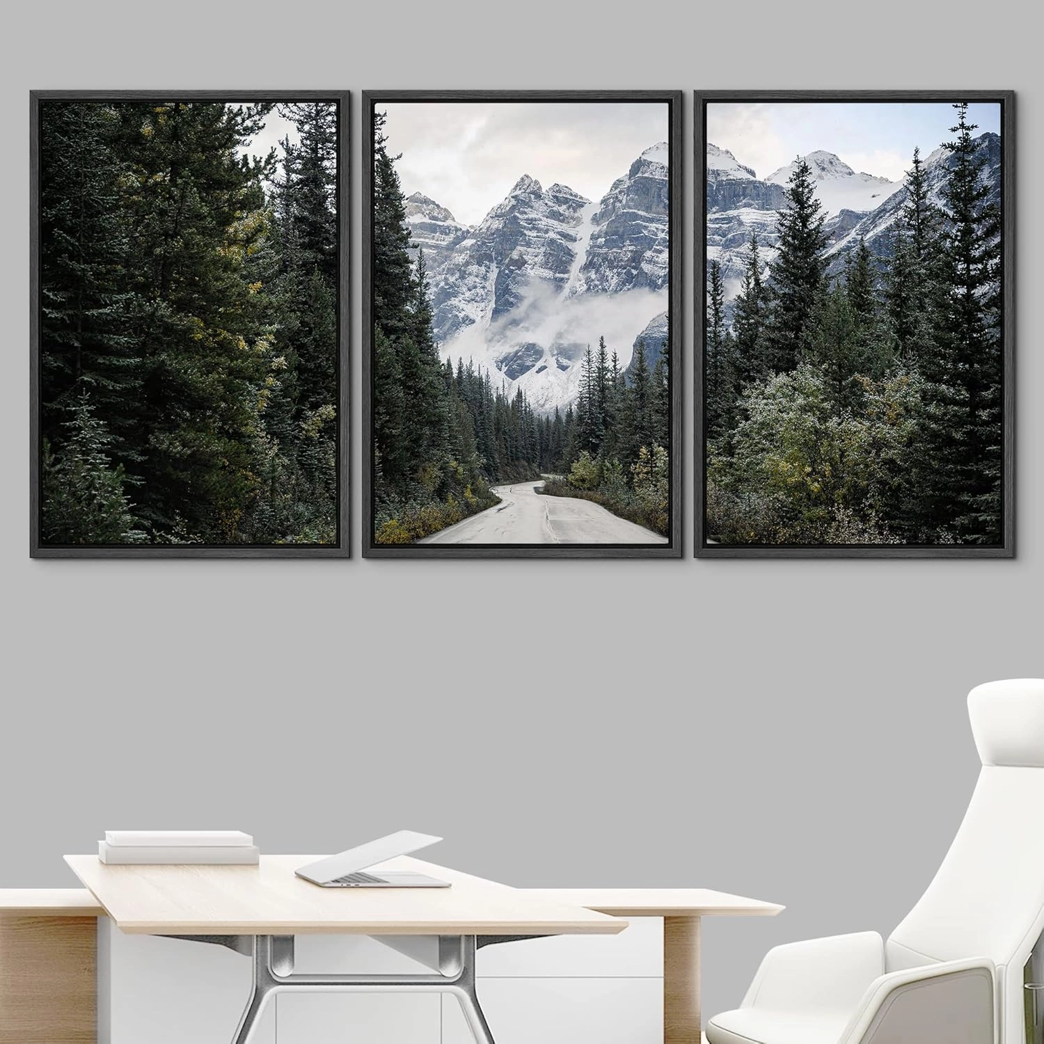 IDEA4WALL Framed Canvas Print Wall Art Set Forest Road to Winter Pine Tree Mountain Nature Wilderness Photography Realism Decorative Landscape for Living Room, Bedroom, Office - 24"x36"x3 Black