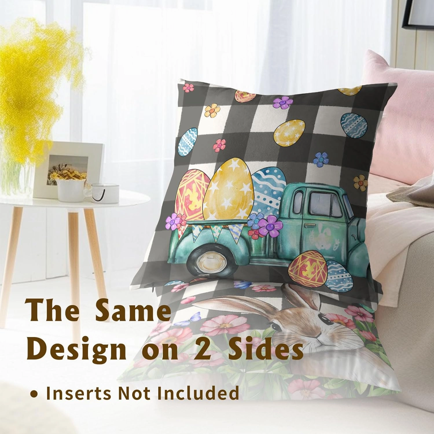 Imiss Easter Pillow Cover Rabbit Easter Eggs Pillow Case 20x20 Inch Set of 2 Truck Buffalo Plaid Spring Farmhouse Decorative Cushion Case for Home Sofa Living Room