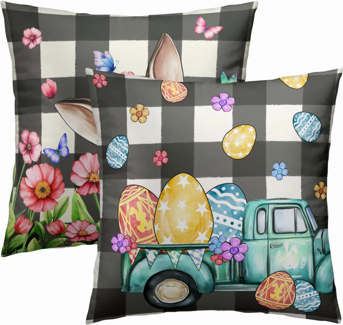 Imiss Easter Pillow Cover Rabbit Easter Eggs Pillow Case 20x20 Inch Set of 2 Truck Buffalo Plaid Spring Farmhouse Decorative Cushion Case for Home Sofa Living Room