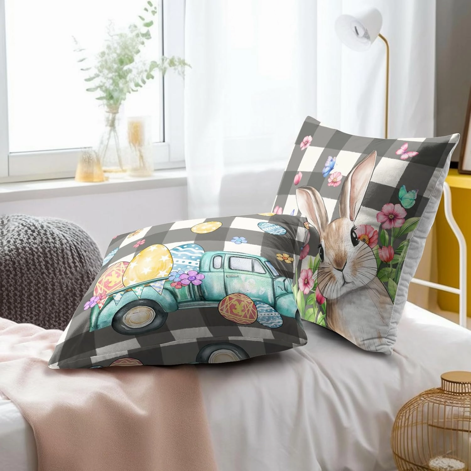 Imiss Easter Pillow Cover Rabbit Easter Eggs Pillow Case 20x20 Inch Set of 2 Truck Buffalo Plaid Spring Farmhouse Decorative Cushion Case for Home Sofa Living Room