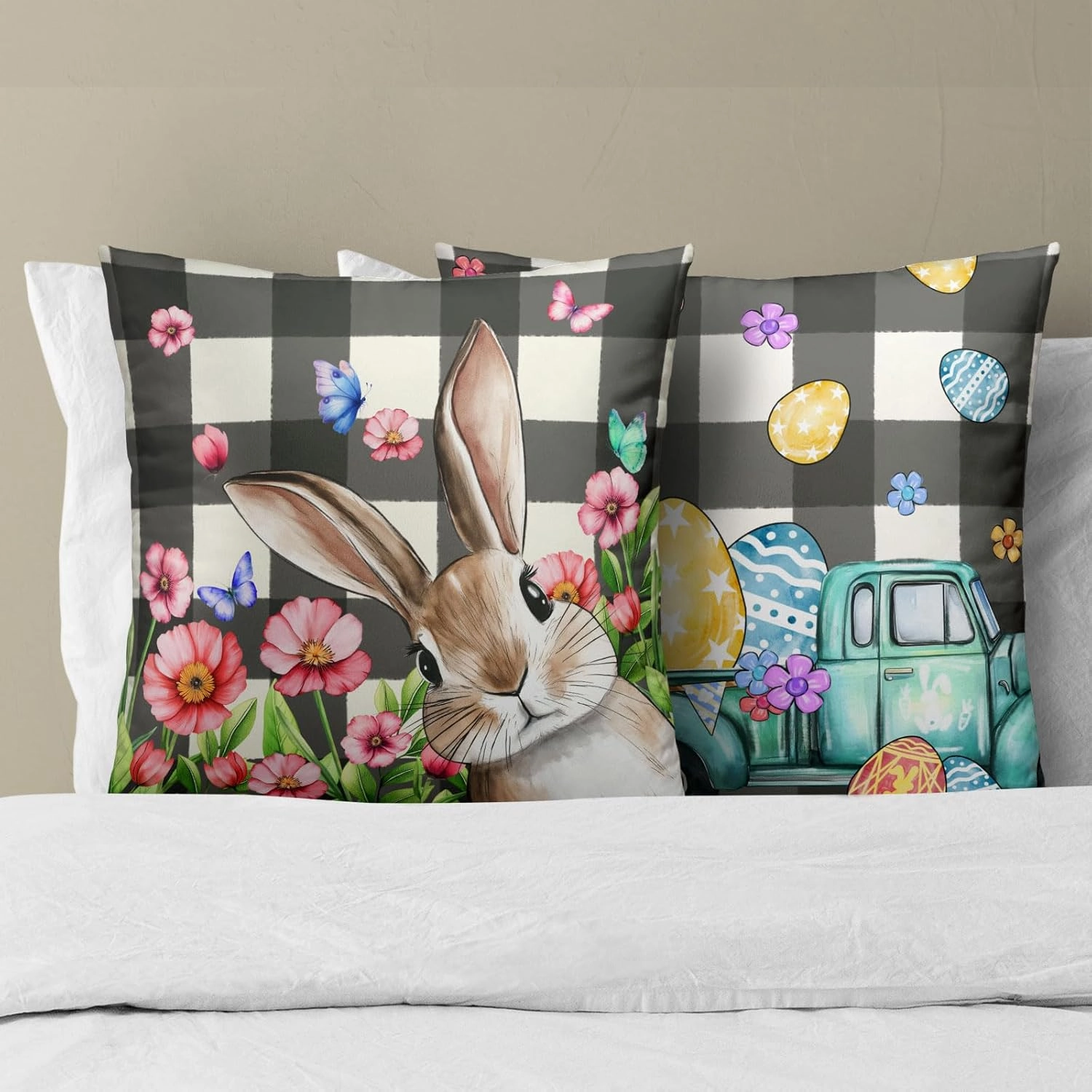 Imiss Easter Pillow Cover Rabbit Easter Eggs Pillow Case 20x20 Inch Set of 2 Truck Buffalo Plaid Spring Farmhouse Decorative Cushion Case for Home Sofa Living Room
