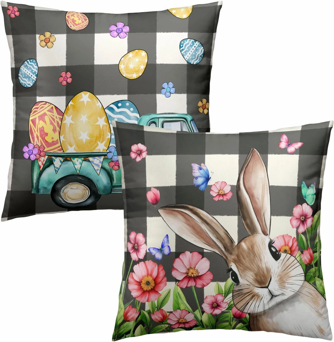 Imiss Easter Pillow Cover Rabbit Easter Eggs Pillow Case 20x20 Inch Set of 2 Truck Buffalo Plaid Spring Farmhouse Decorative Cushion Case for Home Sofa Living Room