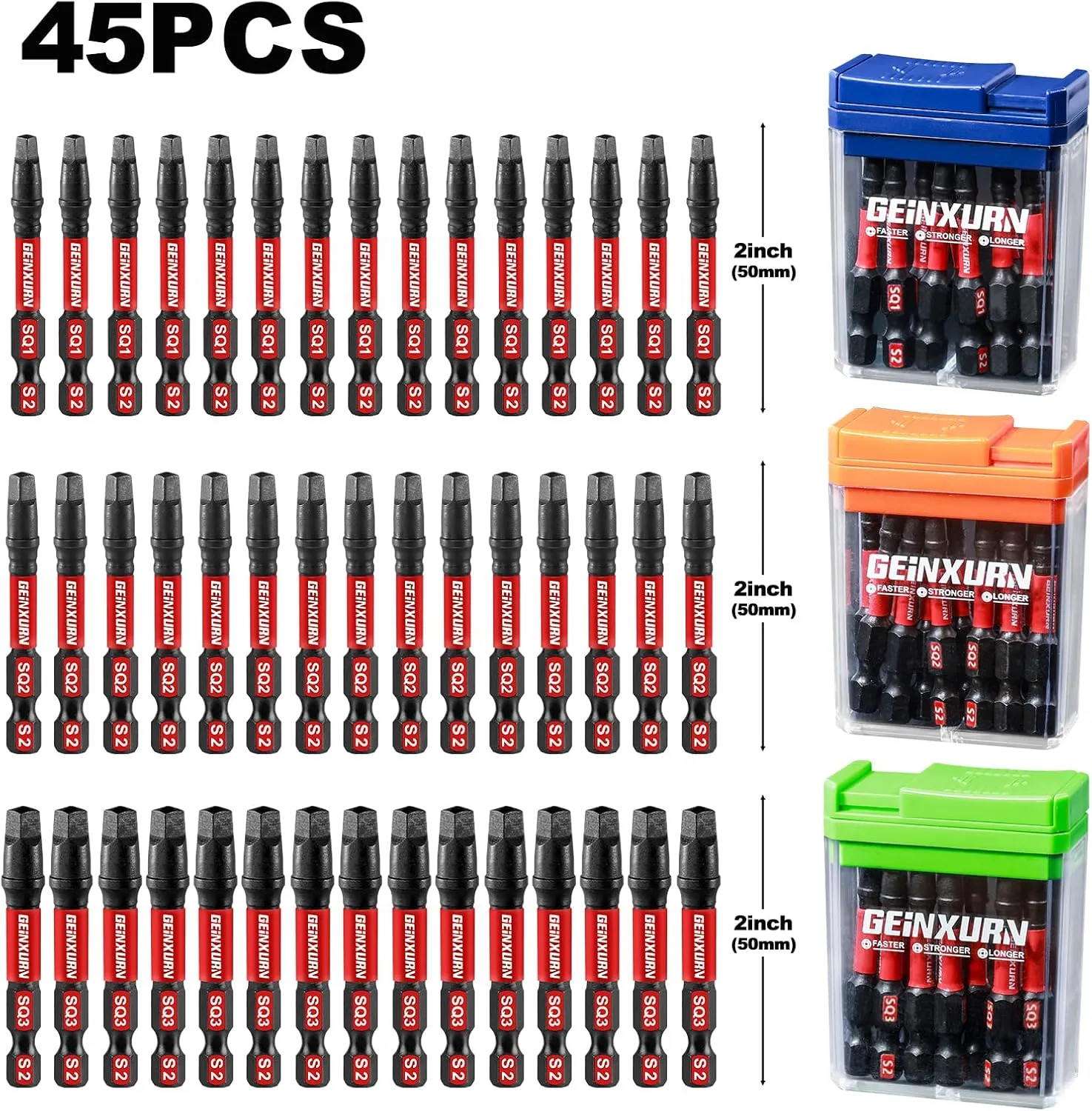 Impact Square Screwdriver Bits Set,45 Pcs 2" Magnetic (SQ1/SQ2/SQ3) S2 Steel Multi Driver Bits with Storage Colorful Box