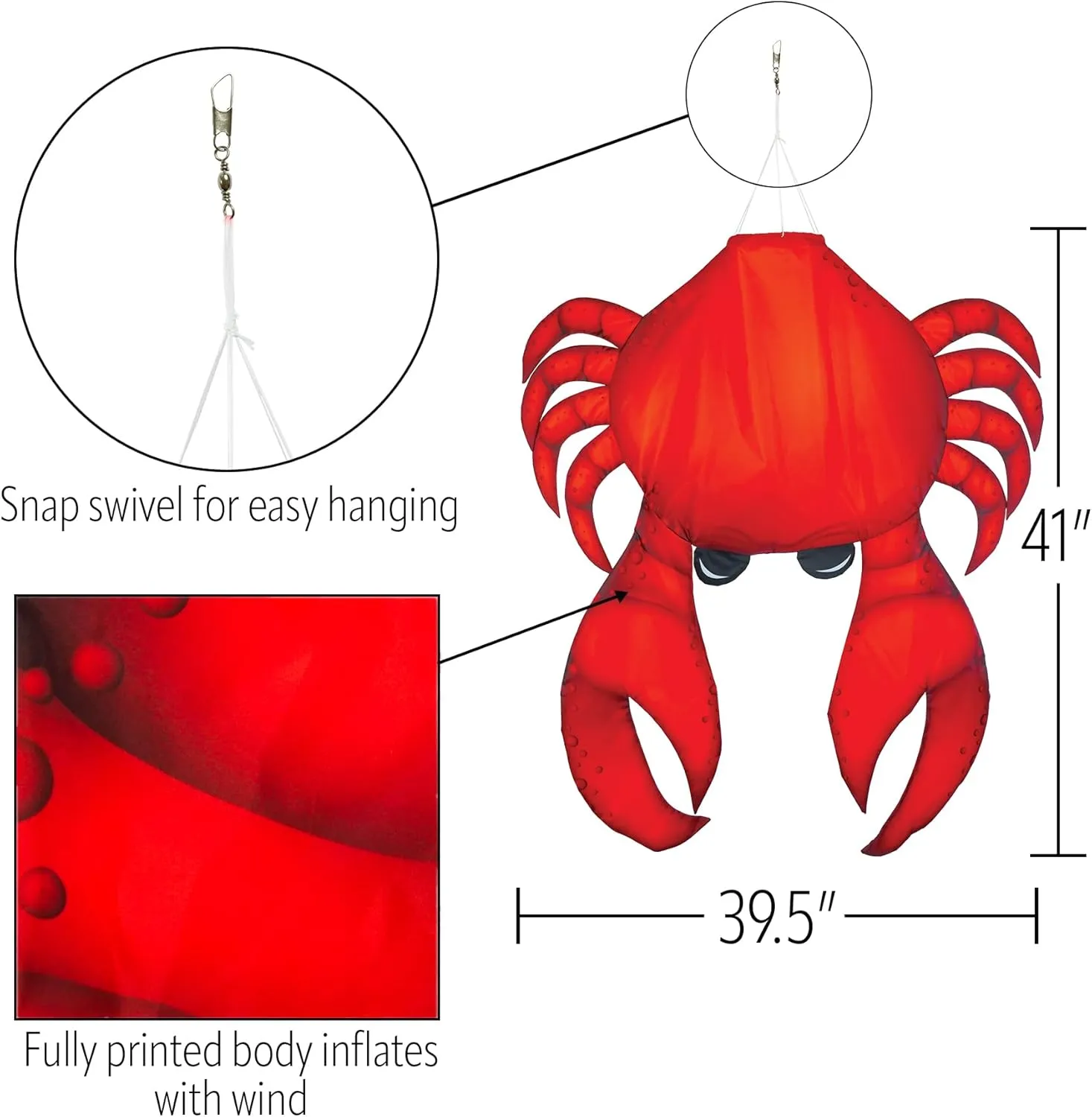 In the Breeze 5248 — 40-inch Realistic Crab 3D Windsock — Realistic Sea Life Windsock for Homes, Gardens, Restaurants