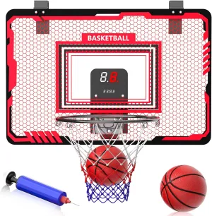 Indoor Basketball Hoop for Kids, LED Light Mini Basketball Hoop, Over The Door Basketball Hoop with Scoreboard & 4 Balls - Basketball Toys Gifts for 3-12 Year Old Boys and Girls (Red)