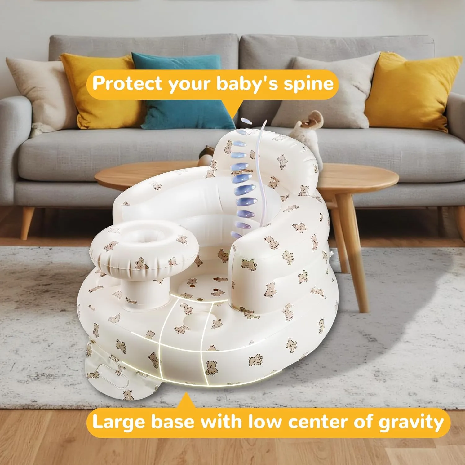 Inflatable Baby Seat with Tray, Comfortable Sit Me Up Baby Chair for Learning to Sit, Built in Air Pump Blow Up Infant Back Support Floor Seat for Babies 3 Months & Up (Bear Cub)