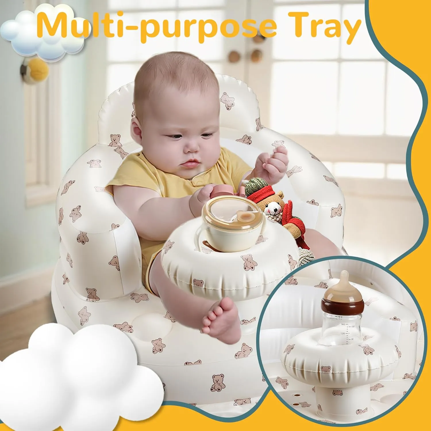 Inflatable Baby Seat with Tray, Comfortable Sit Me Up Baby Chair for Learning to Sit, Built in Air Pump Blow Up Infant Back Support Floor Seat for Babies 3 Months & Up (Bear Cub)