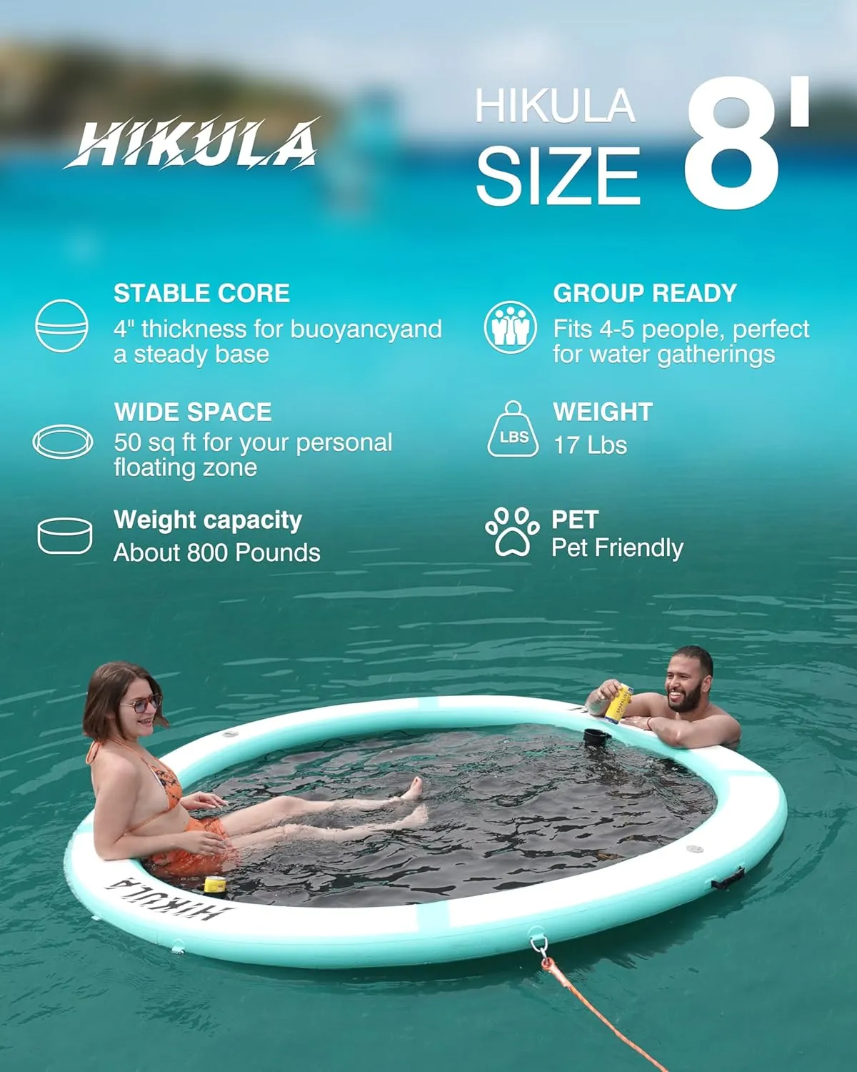 Inflatable Round Floating Ring - Water Hammock Dock, Sunchill Mat Raft Platform, Heavy Duty Floats for Lake and Beach with Water Ladder and Cup Holder,8FT/10FT