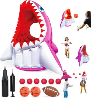 Inflatable Shark Pool Float Toy for Kids Ages 4-8  Fun 3-in-1 Water Games Floating Basketball&Football Hoop Toss -Family Pool Party Swimming Toys for Boy Girl Summer Gift