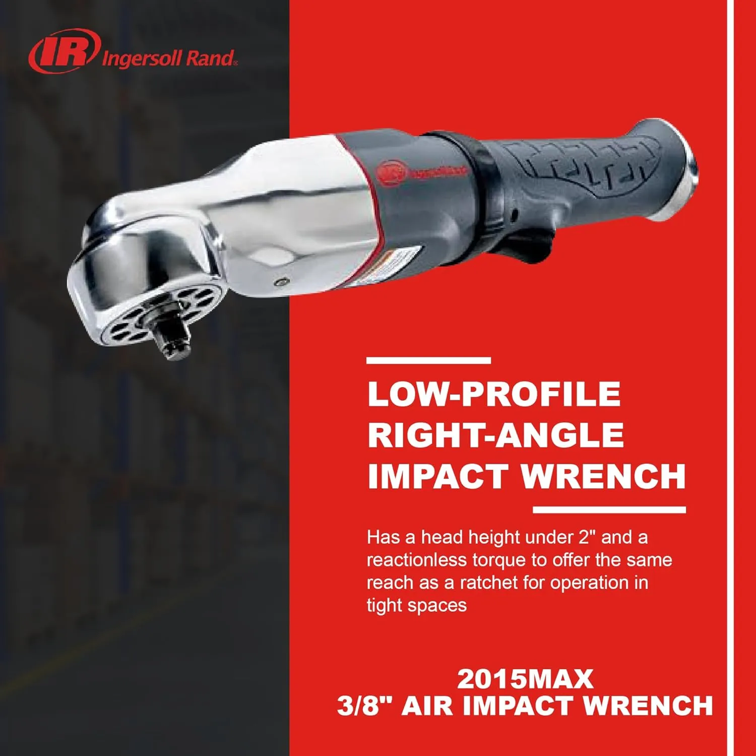 Ingersoll Rand 2015MAX 3/8" Pneumatic Air Impact Wrench, Right Angle, Low Profile 2” Hammerhead, 180 ft lbs Max Torque, 7,100 rpm, Two-Position Power Regulator, Gray