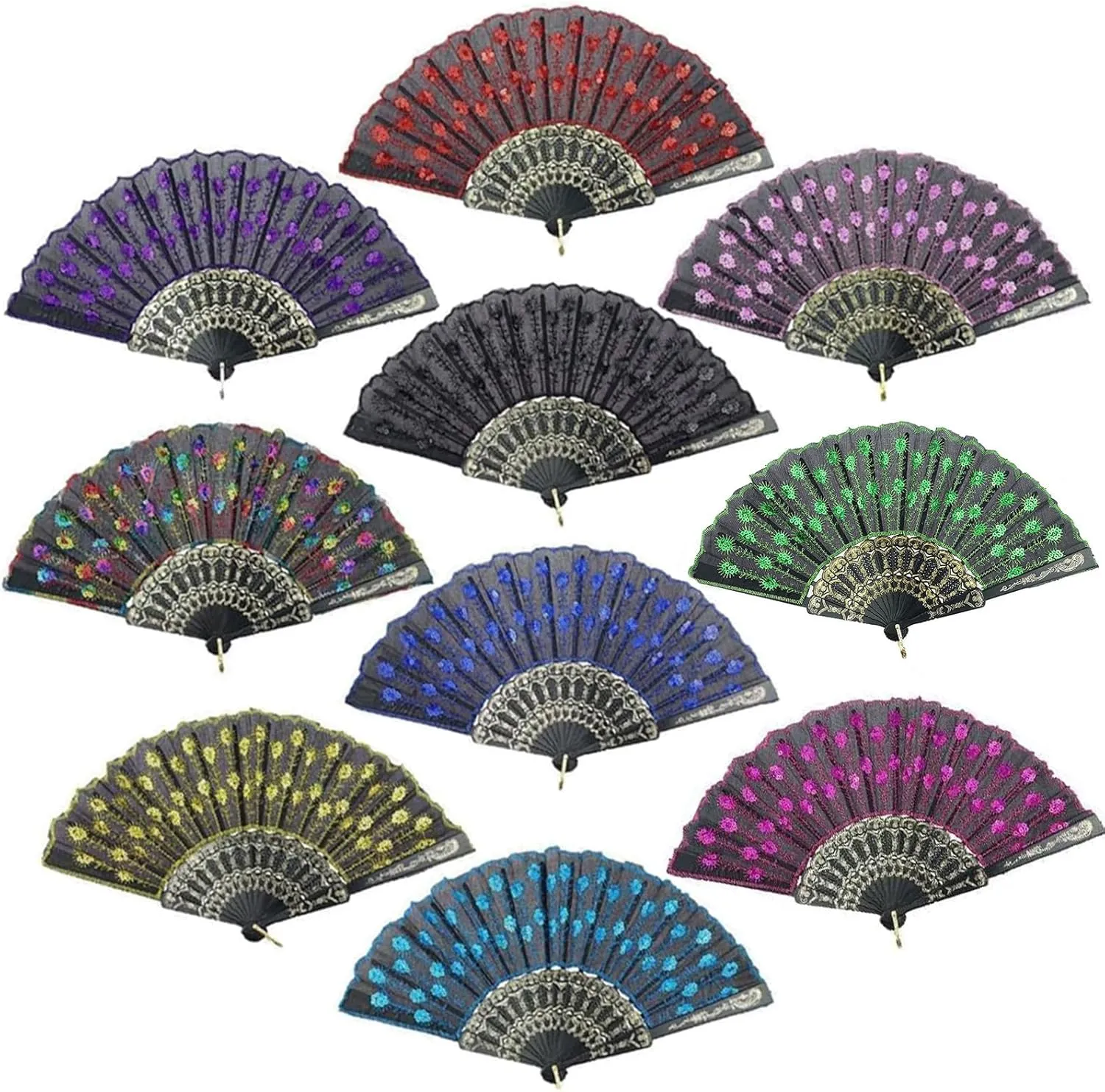 InnoLife Elegant Colorful Embroidered Flower Peacock Pattern Sequin Fabric Folding Handheld Hand Fan Hand-Crafted (Full Set - 10pcs Mixed Colors)