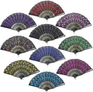 InnoLife Elegant Colorful Embroidered Flower Peacock Pattern Sequin Fabric Folding Handheld Hand Fan Hand-Crafted (Full Set - 10pcs Mixed Colors)