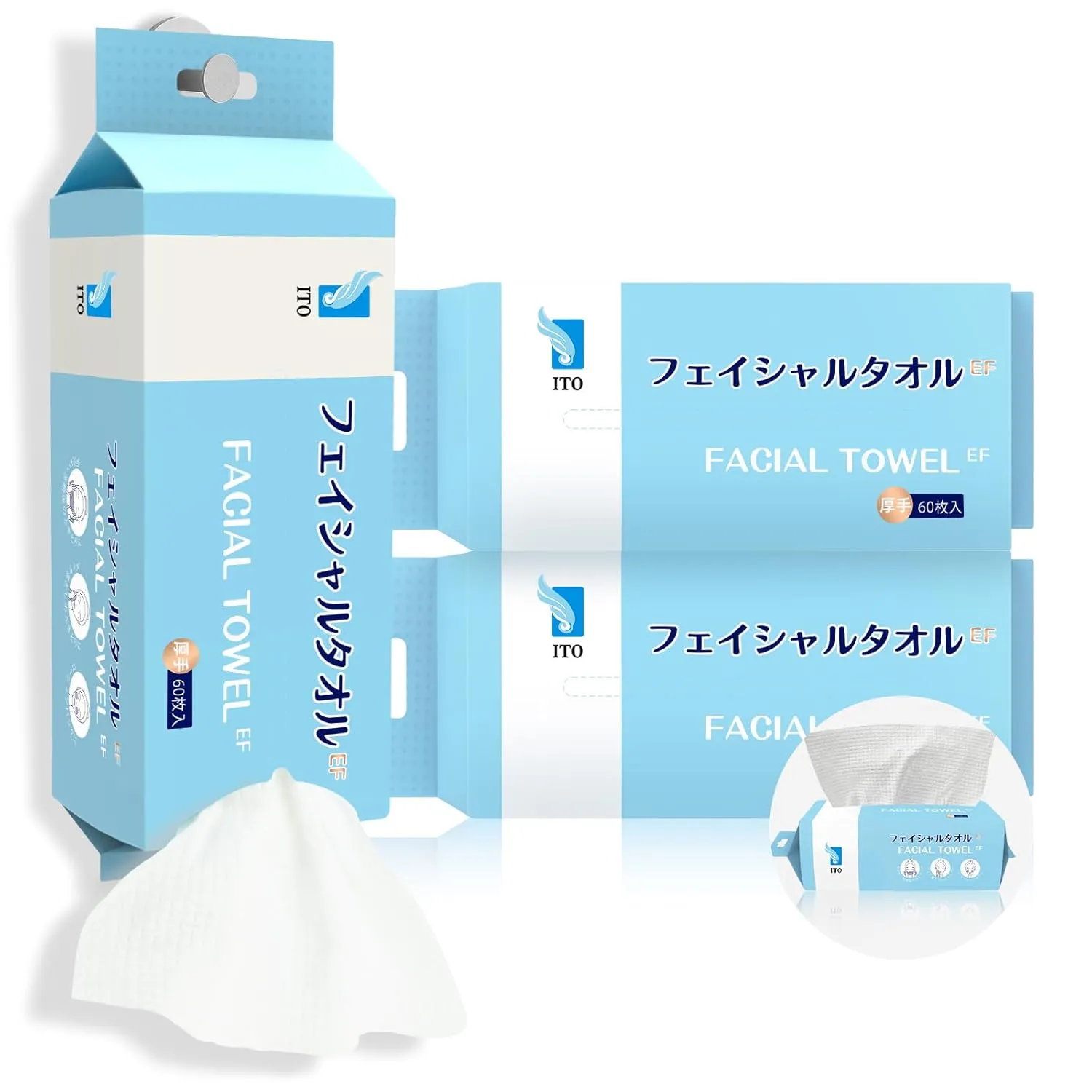 ITO Face Towels, 3 Pull-Out Methods with Hanging Design, Ultra-Soft & Thick Disposable Face Towel for Facial Cleansing, Dry/Oily/Sensitive Skin (3 Pack)