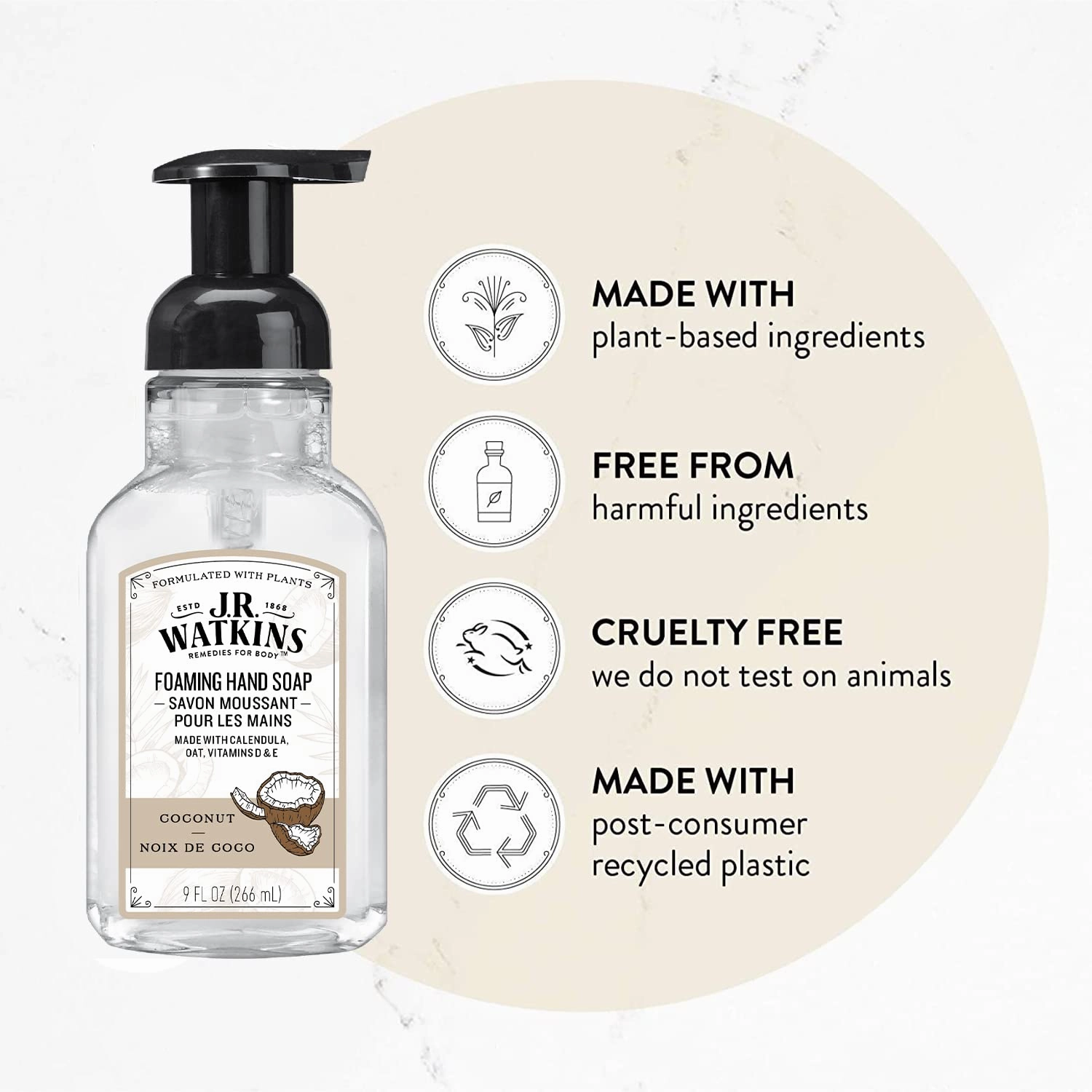 J.R. Watkins Foaming Hand Soap For Bathroom or Kitchen, Scented, USA Made And Cruelty Free, 9 Fl Oz, Coconut, 3 Pack
