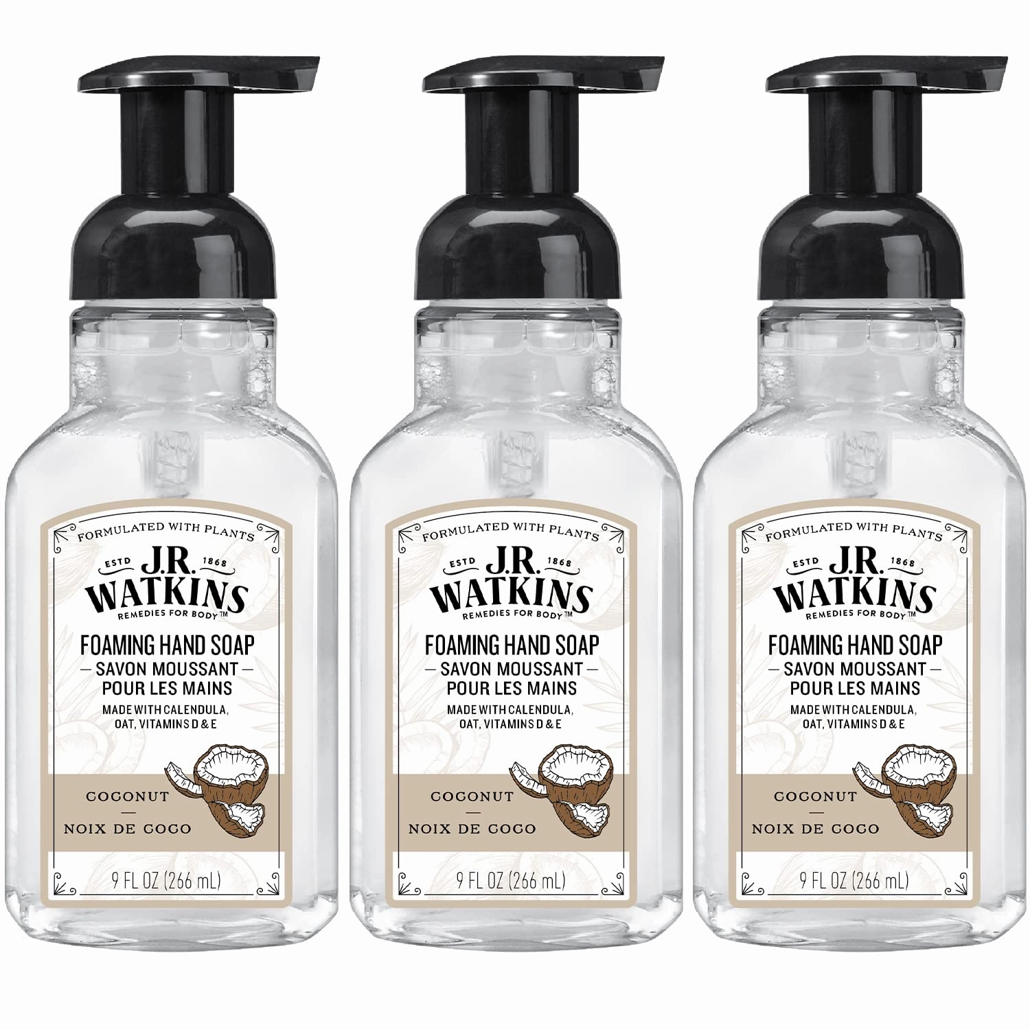 J.R. Watkins Foaming Hand Soap For Bathroom or Kitchen, Scented, USA Made And Cruelty Free, 9 Fl Oz, Coconut, 3 Pack