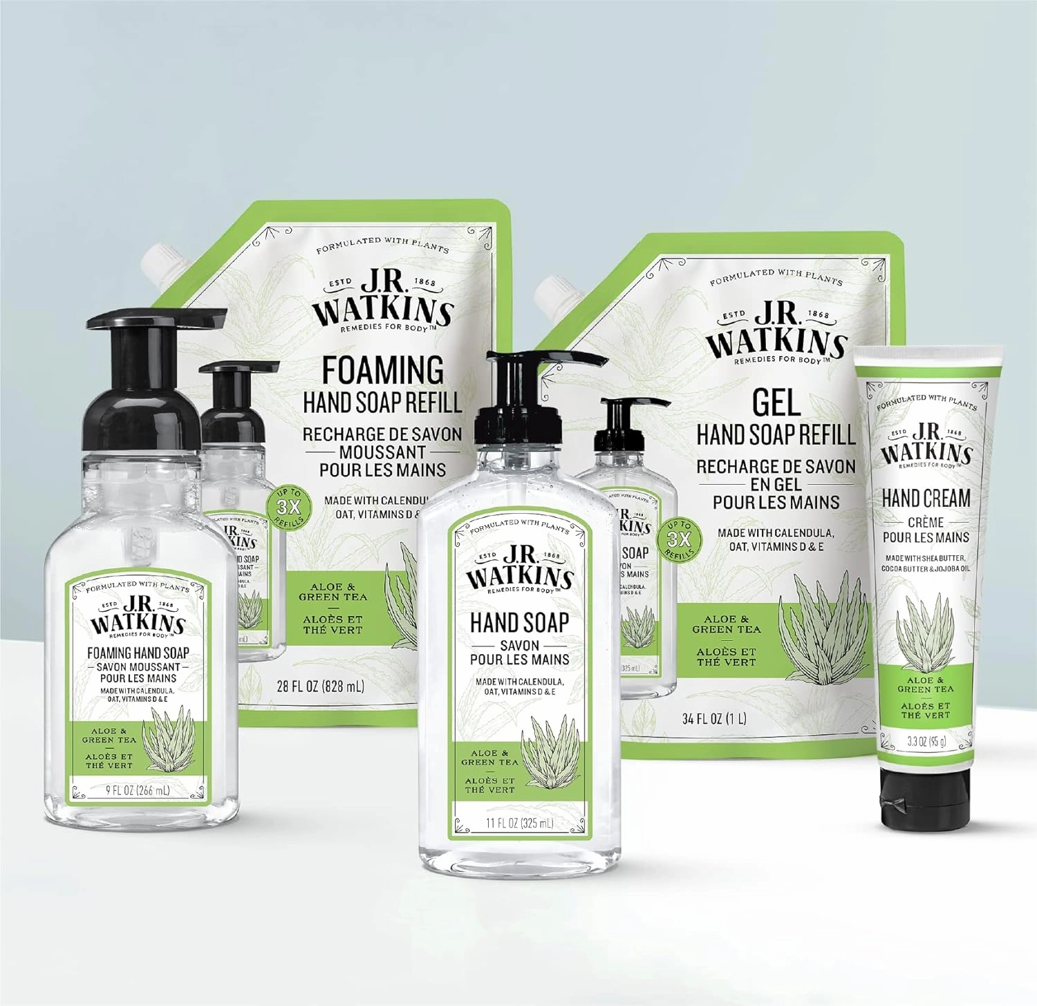 J.R. Watkins Foaming Hand Soap Pump with Dispenser, Moisturizing All Natural Hand Soap Foam, Alcohol-Free, Cruelty-Free, USA Made, Use as Kitchen or Bathroom Soap, Aloe & Green Tea, 9 fl oz, 6 Pack