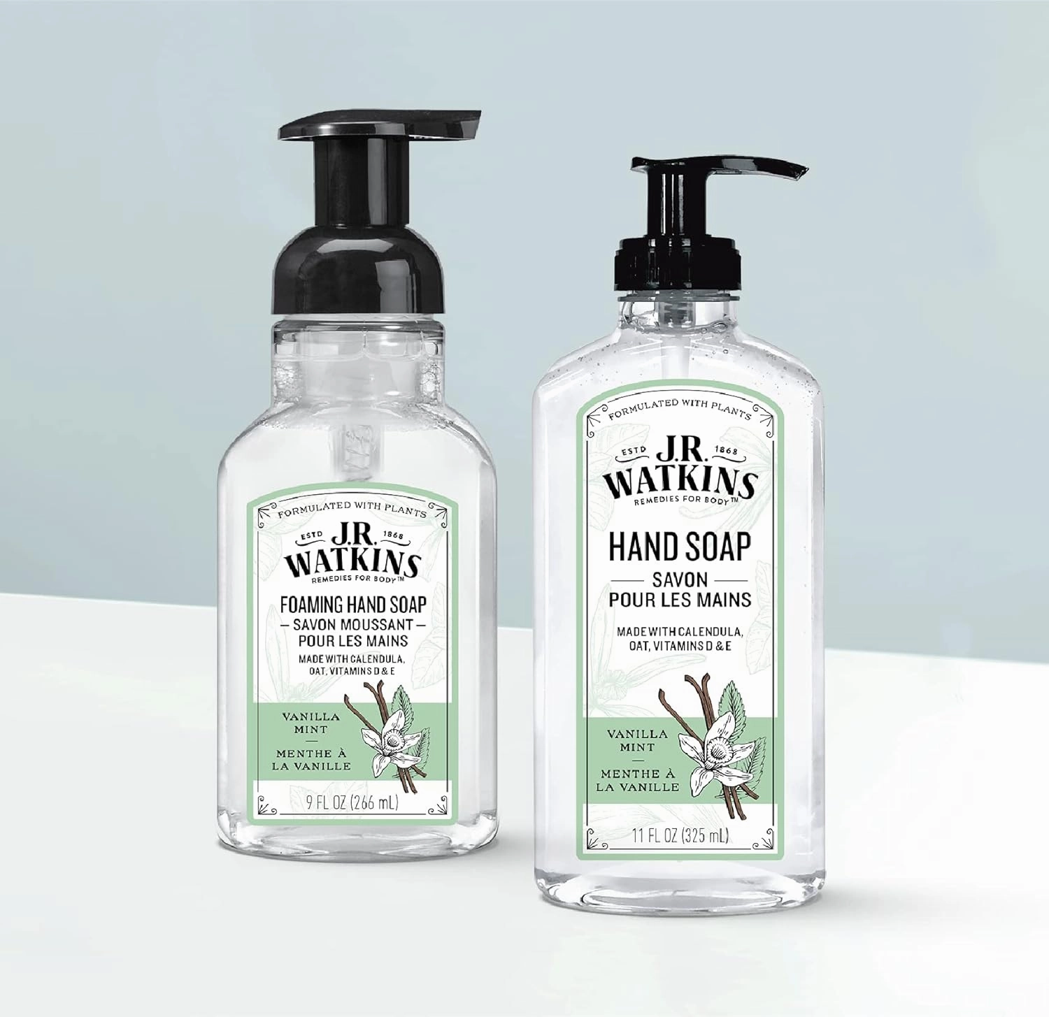 J.R. Watkins Gel Hand Soap with Dispenser, Moisturizing Hand Wash, All Natural, Alcohol-Free, Cruelty-Free, USA Made, Vanilla Mint, 11 fl oz, 3 Pack