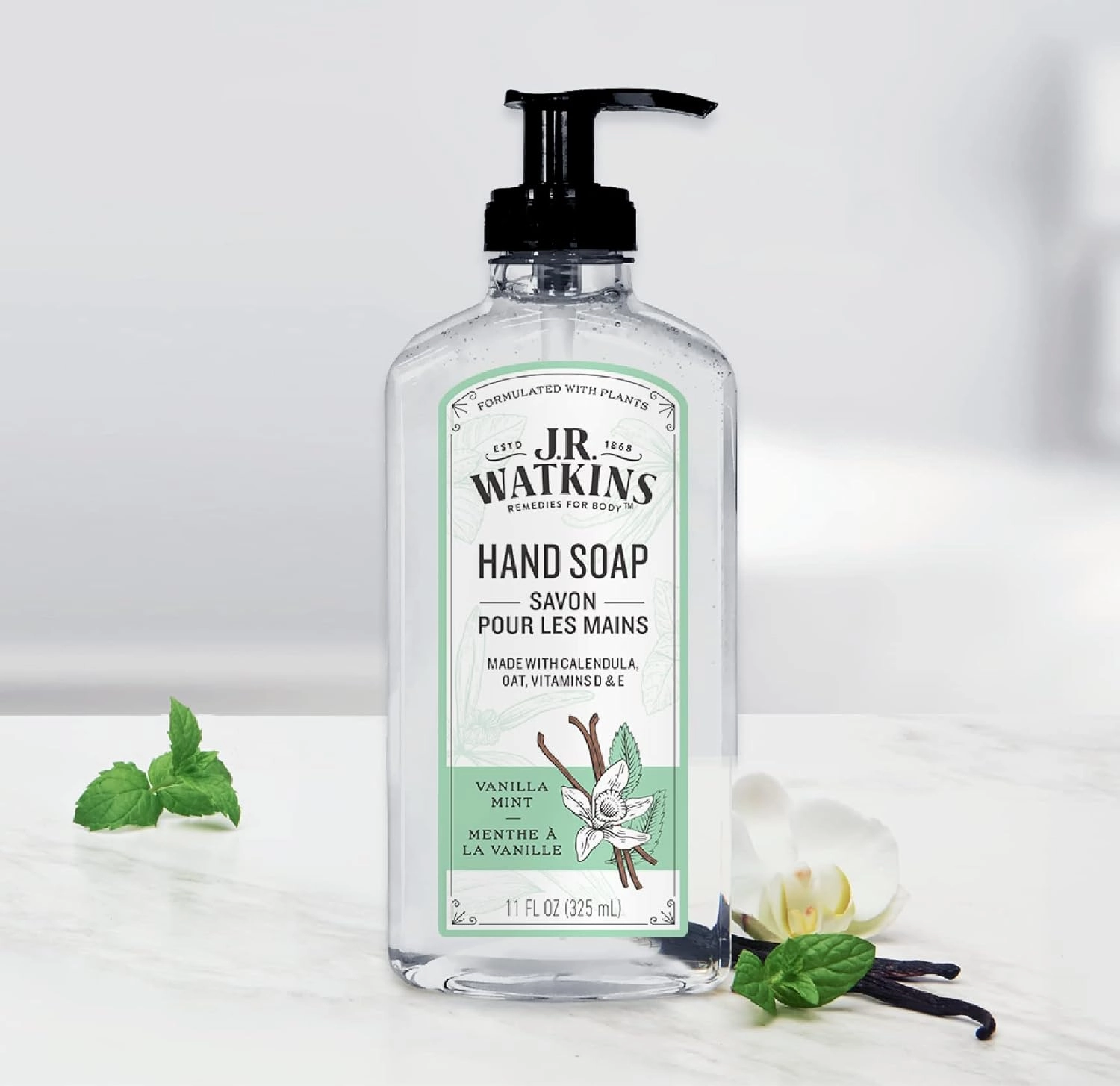 J.R. Watkins Gel Hand Soap with Dispenser, Moisturizing Hand Wash, All Natural, Alcohol-Free, Cruelty-Free, USA Made, Vanilla Mint, 11 fl oz, 3 Pack