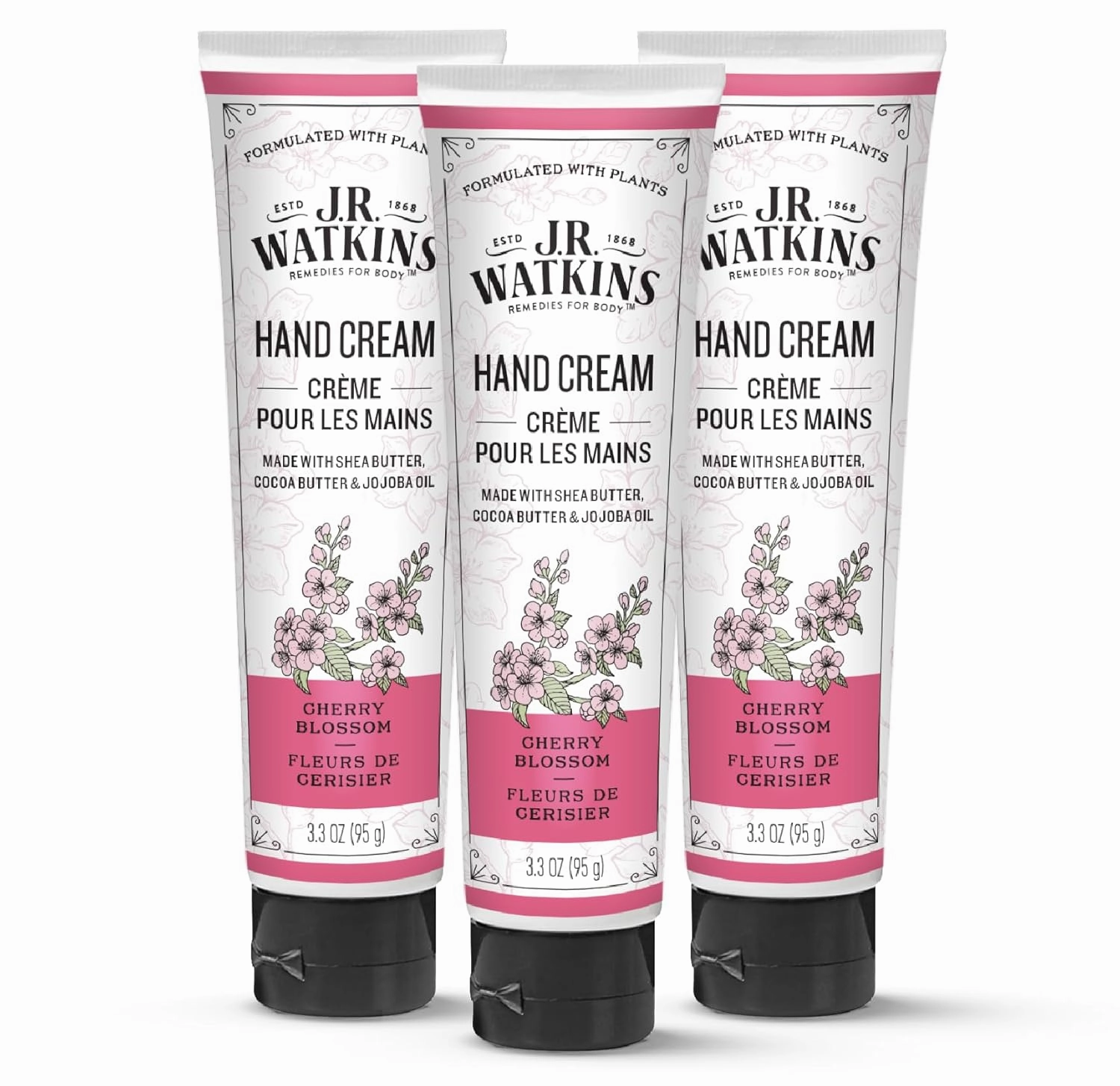 J.R. Watkins Natural Moisturizing Hand Cream, Hydrating Hand Moisturizer with Shea Butter, Cocoa Butter, and Avocado Oil, Cruelty Free, 3.3oz, Cherry Blossom, 3 Pack