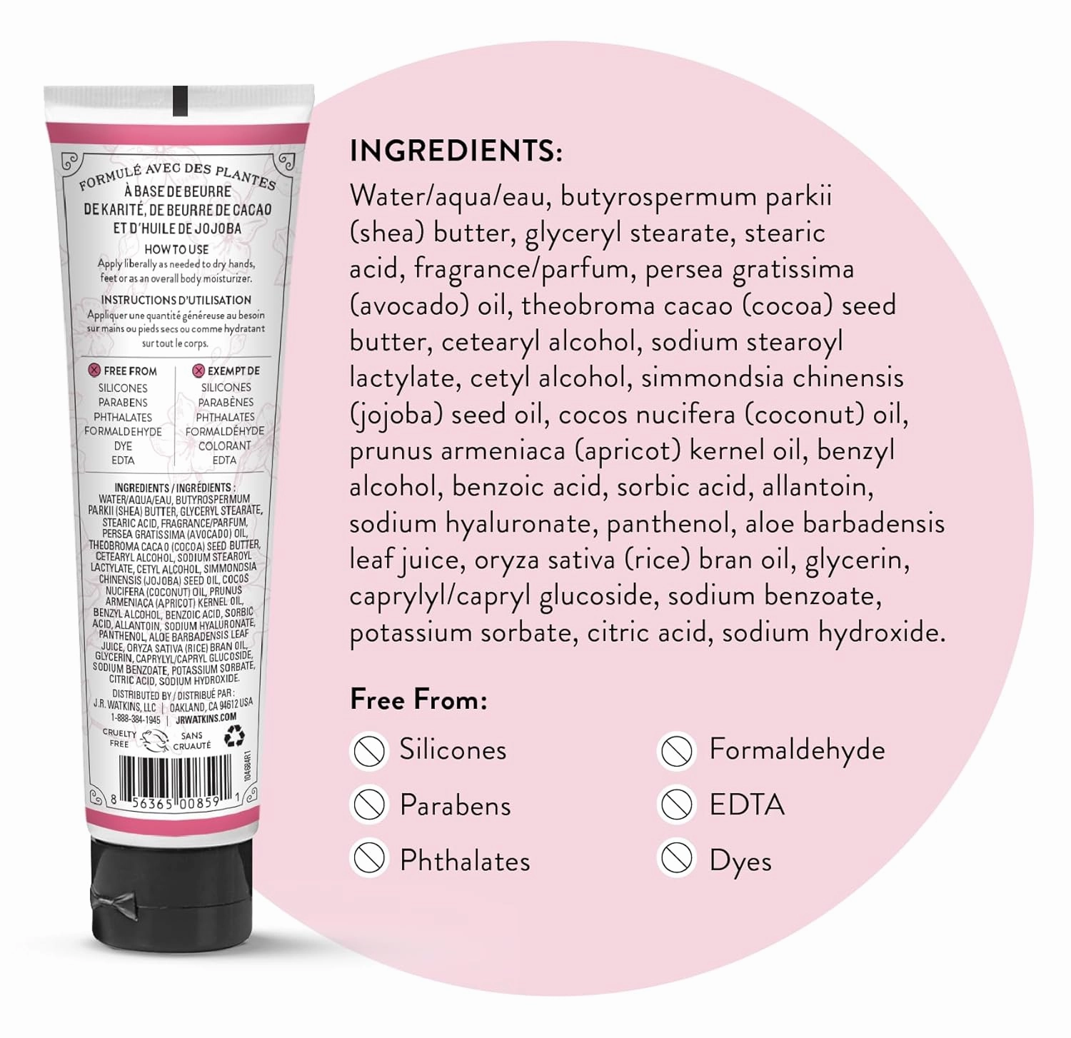 J.R. Watkins Natural Moisturizing Hand Cream, Hydrating Hand Moisturizer with Shea Butter, Cocoa Butter, and Avocado Oil, Cruelty Free, 3.3oz, Cherry Blossom, 3 Pack