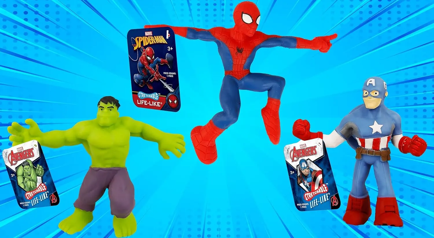 JA-RU Marvel Avengers Stretchy Toys Heroes Squish & Pull Toys (3 Units Assorted) Hulk Captain America & Spiderman Calming Fidget Toy, Stress Toys for Kids & Boys Toys DEF-6900-3