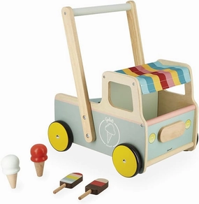 Janod - Janod - Wooden Pull-Along Ice Cream Cart/Trolley - 4 Ice Creams Included - Silent Wheels - Anti-Tip System - FSC-Certified - Water-Based Paint - 1 Year, J08049