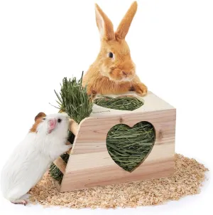 JanYoo Hay Feeder for Rabbits Wooden Holder for Cage Large Rack Hanging Food Manager Less Waste Dispenser Bunny Accessories