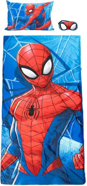Jay Franco Marvel Spiderman 3 Piece Sleepover Set - Cozy & Warm Kids Slumber Bag with Pillow & Eye Mask (Official Marvel Product)