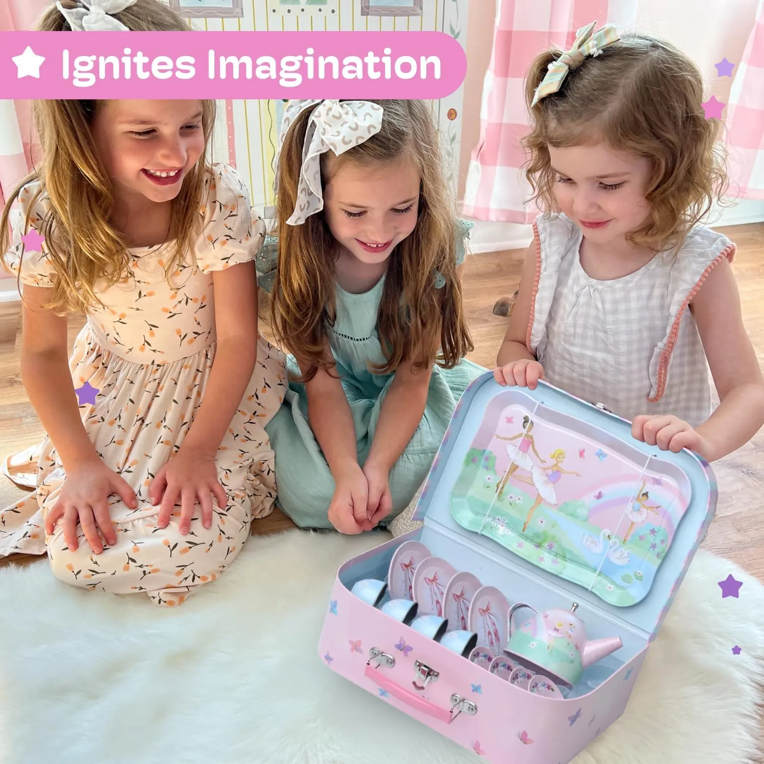 Jewelkeeper Tea Set for Little Girls - 15-Piece Tin Tea Party Set with Ballerina Design - Pretend Play Toy with Carrying Case - Ideal Gift for Kids, Includes Teapot, Cups, Saucers, Plates and Tray