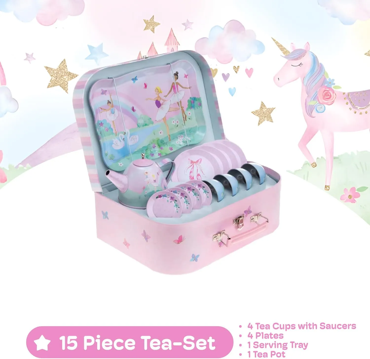 Jewelkeeper Tea Set for Little Girls - 15-Piece Tin Tea Party Set with Ballerina Design - Pretend Play Toy with Carrying Case - Ideal Gift for Kids, Includes Teapot, Cups, Saucers, Plates and Tray