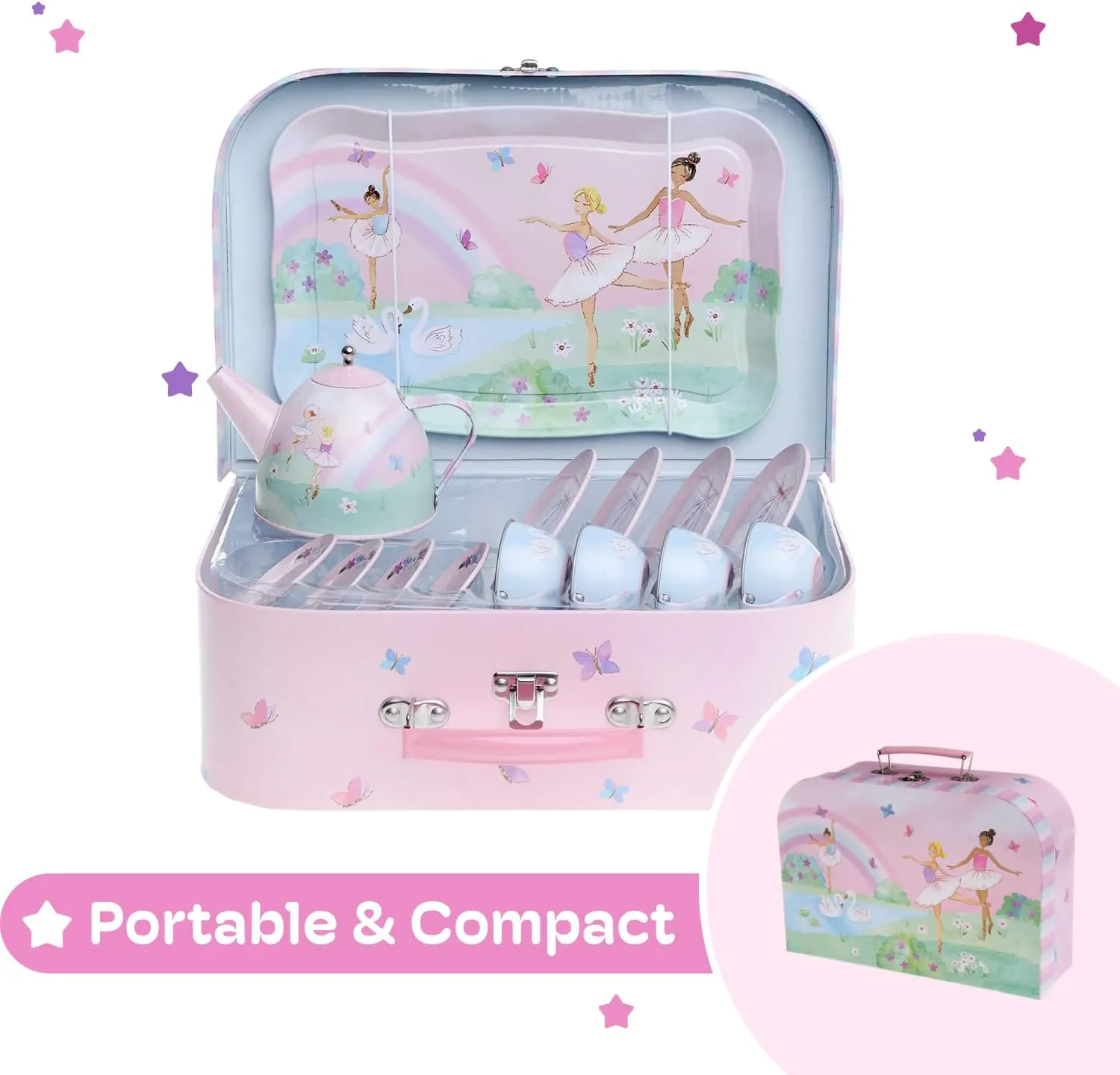 Jewelkeeper Tea Set for Little Girls - 15-Piece Tin Tea Party Set with Ballerina Design - Pretend Play Toy with Carrying Case - Ideal Gift for Kids, Includes Teapot, Cups, Saucers, Plates and Tray